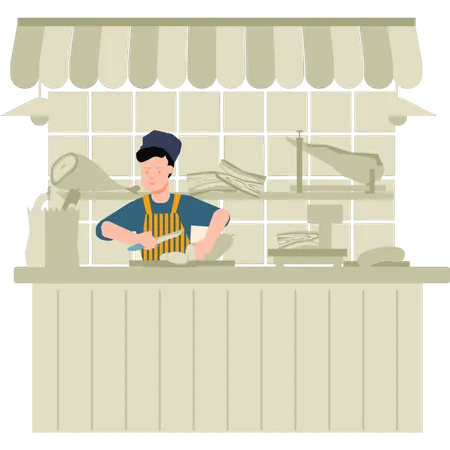 Boy owns meat shop  Illustration