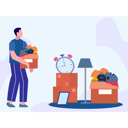 Boy Packed His Belongings In Cartons  Illustration