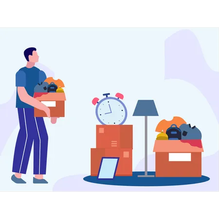 The Boy Packed His Belongings In Cartons Illustration
