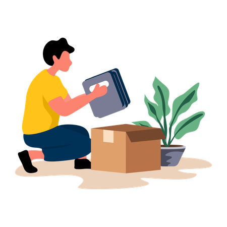 Boy packing books in box  Illustration