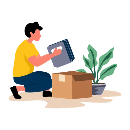 Boy packing books in box  Illustration