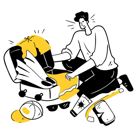 休暇に向けて荷造りをする少年  イラスト
