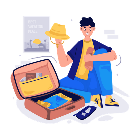 Boy Packing his Suitcase Illustration