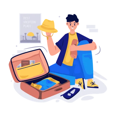 Boy Packing his Suitcase Illustration
