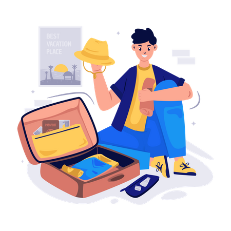 Boy Packing his Suitcase  Illustration