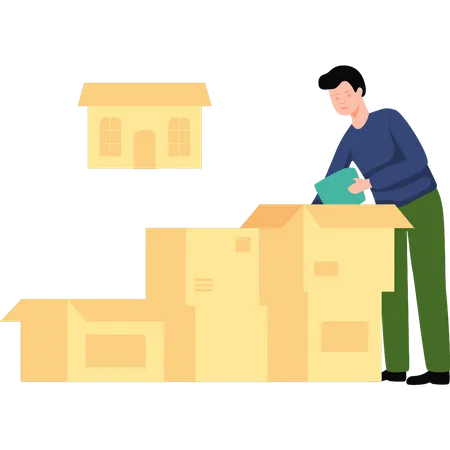 Boy packing things from home into boxes Illustration