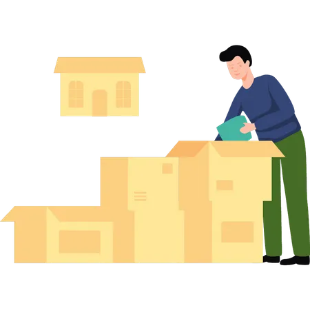 Boy packing things from home into boxes  Illustration