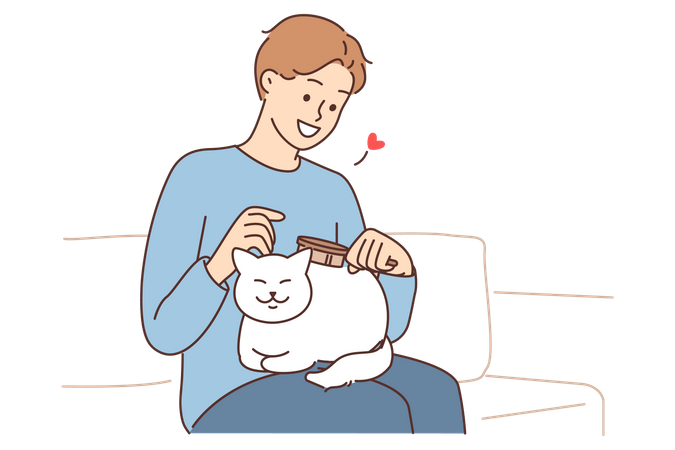 Boy pampering pet cat Illustration