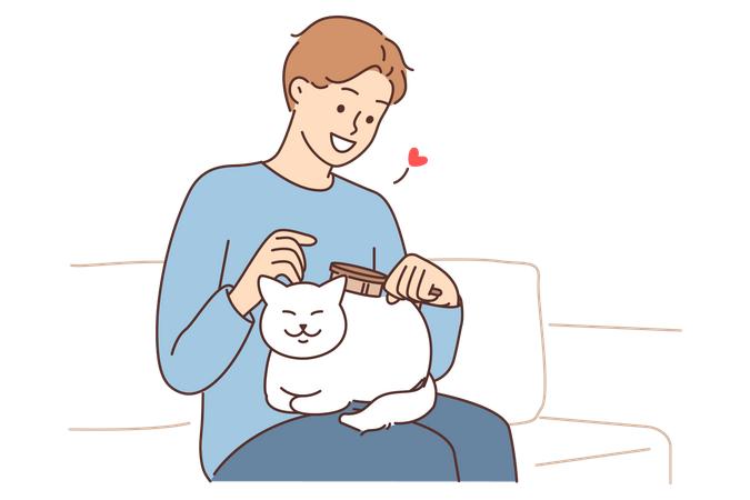Boy pampering pet cat  Illustration