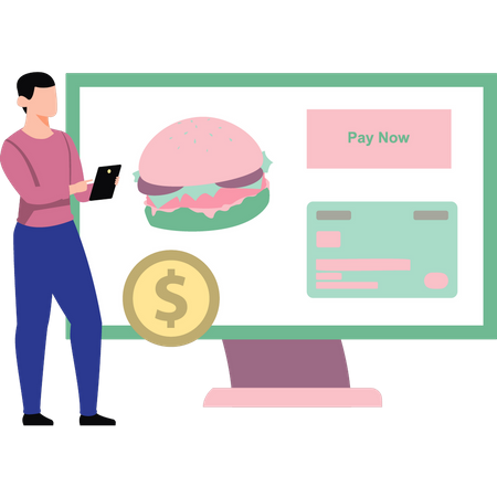 Boy paying food bill online  Illustration