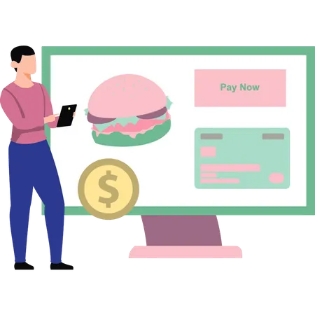 Boy paying food bill online  Illustration