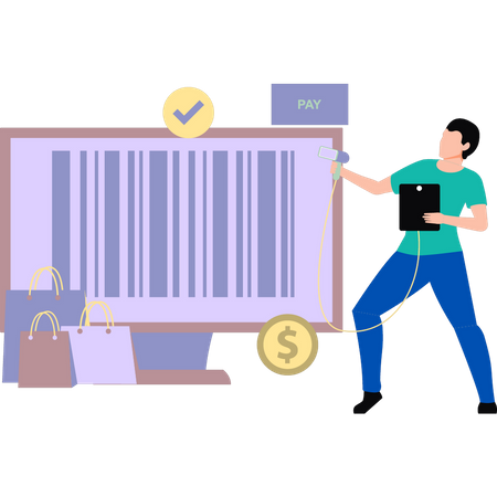 Boy paying shopping bill by barcode  Illustration