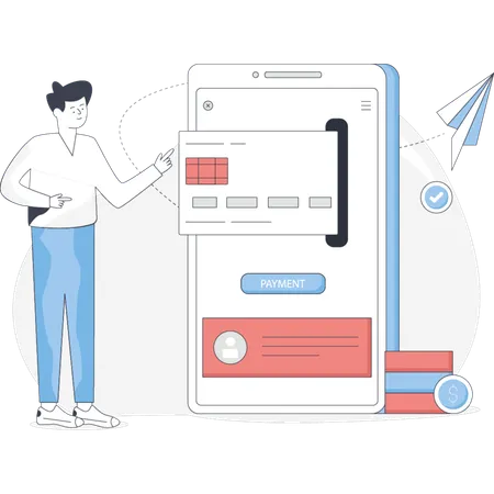 Boy paying via card using smartphone  Illustration