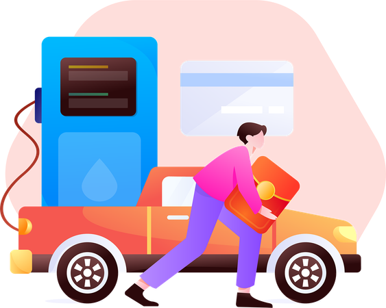 Boy pays at gas pump  Illustration