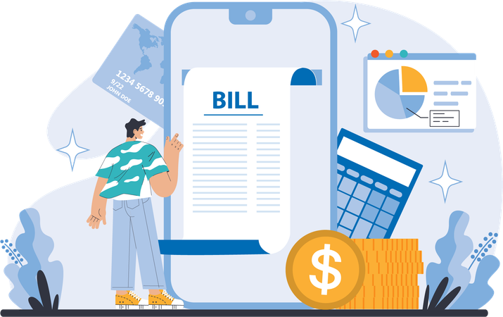 Boy pays online bill  Illustration