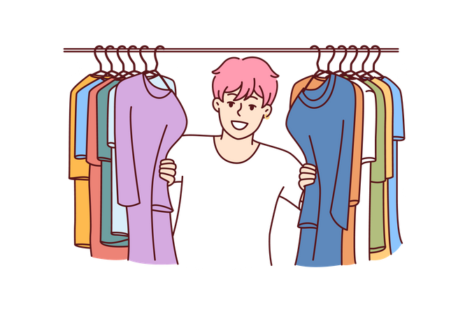Boy peeking behind clothes Illustration