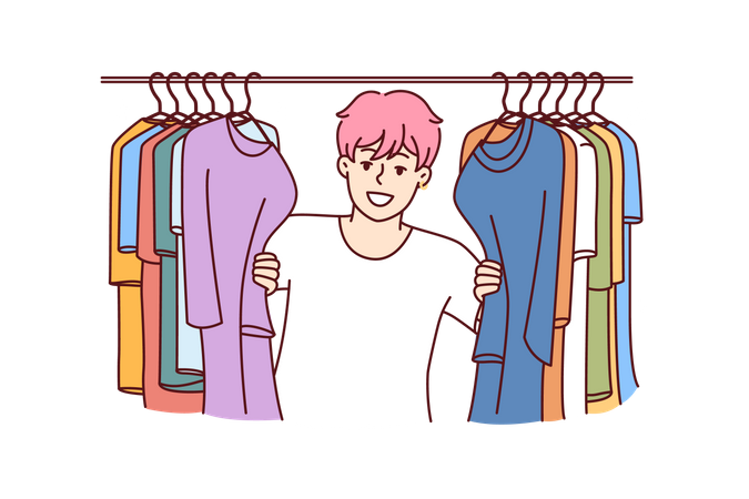 Boy peeking behind clothes  Illustration