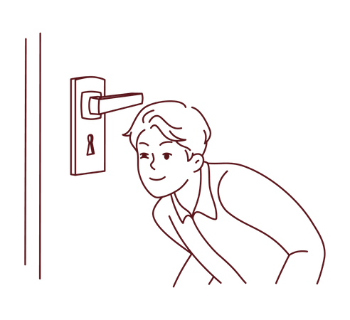 Boy peeking from door keyhole Illustration