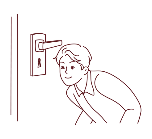 Boy peeking from door keyhole Illustration