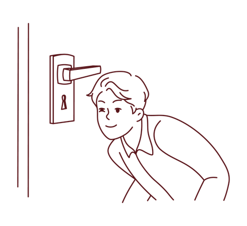 Boy peeking from door keyhole  Illustration