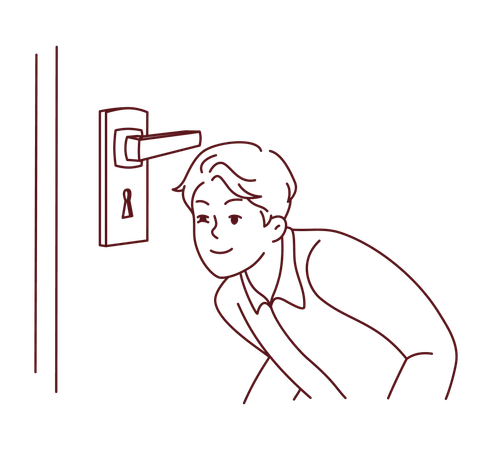 Boy peeking from door keyhole  Illustration