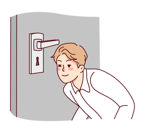 Boy peeking from door keyhole  Illustration