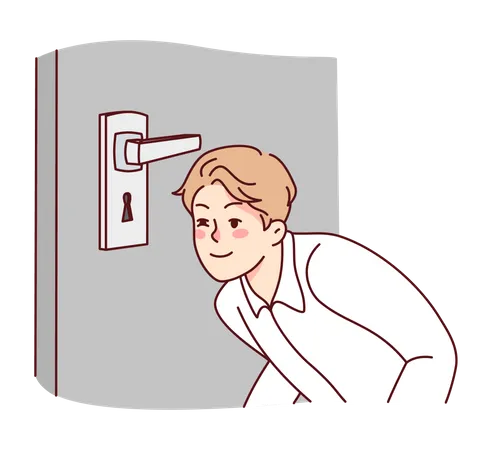 Boy peeking from door keyhole  Illustration