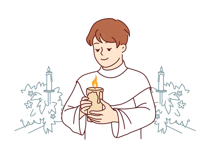 Boy Participates In Holy Communion And Holds Burning Candle For Christian Religious Ritual In Church Child In Clothes For Communion Ceremony In Church Smiles Wanting To Become True Believer Catholic Illustration