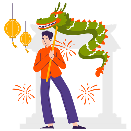 Boy performing Dragon dance  Illustration