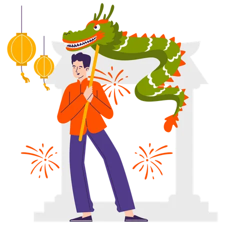 Boy performing Dragon dance  Illustration