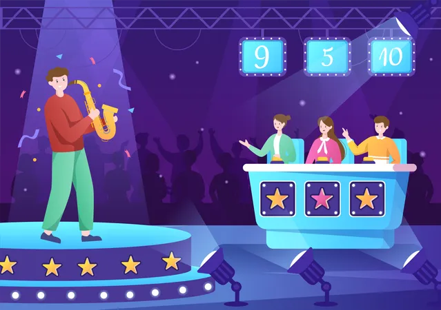 Talent Show With Contestants Displaying Their Skill On Stage Or Podium In Front Of Judges Judging Them In Cartoon Illustration Illustration