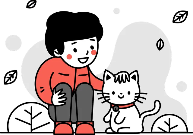 Boy Petting  Cat  Illustration