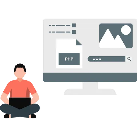 Boy PHP developer working on project  Illustration