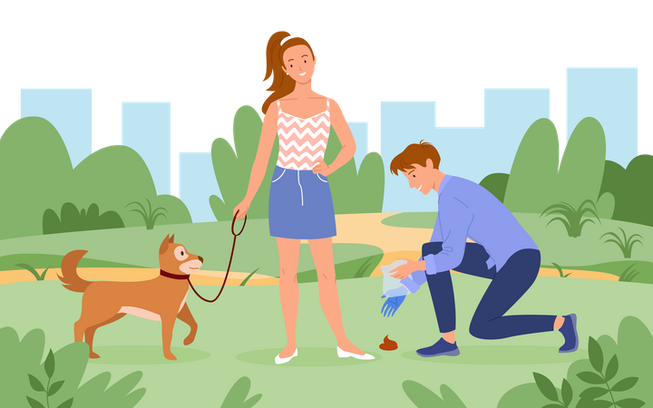 Boy picking up pet poop from park  Illustration