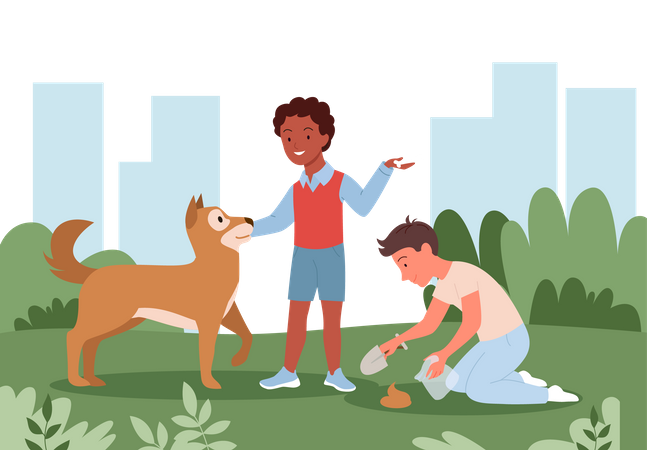 Boy picking up pet poop from park  Illustration