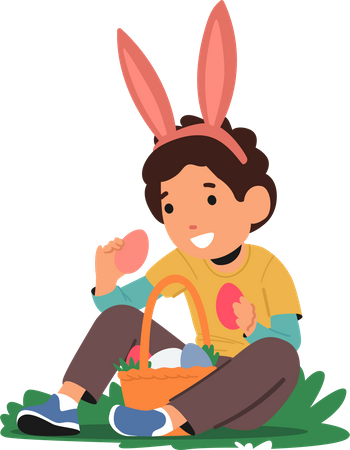 Boy Picks Brightly Colored Easter Eggs  Illustration