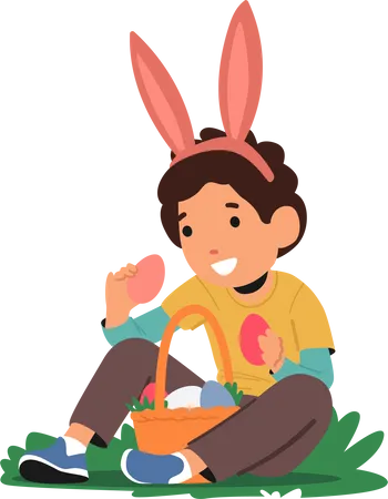 Little Boy Donning Rabbit Ears Picks Brightly Colored Easter Eggs From The Grass The Joyous And Festive Image Promote Spirit Of Festive Season And Kids Festivities Cartoon People Vector Illustration Illustration