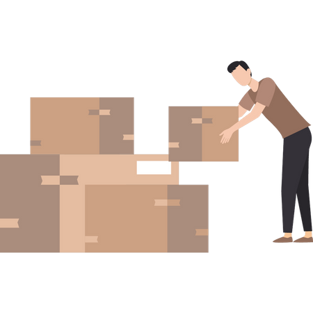 Boy placing cartons with others  Illustration