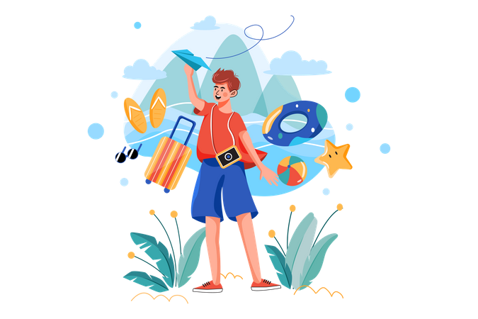 Boy planning for a vacation trip  Illustration