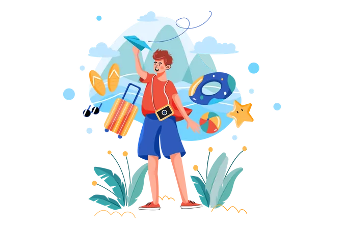 Boy planning for a vacation trip  Illustration