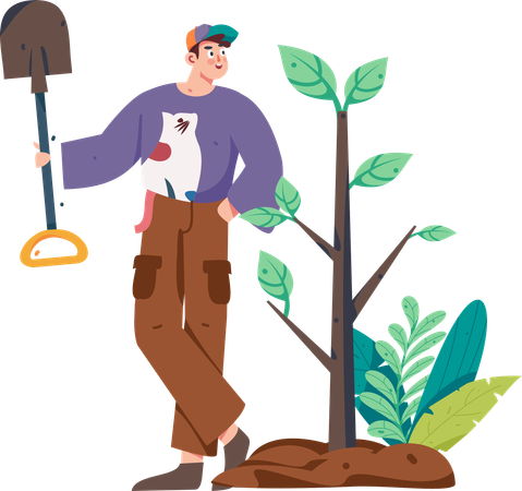 Boy planting trees in garden  Illustration