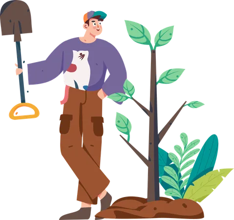 Boy planting trees in garden  Illustration