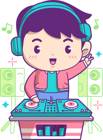 Boy play DJ at party  Illustration