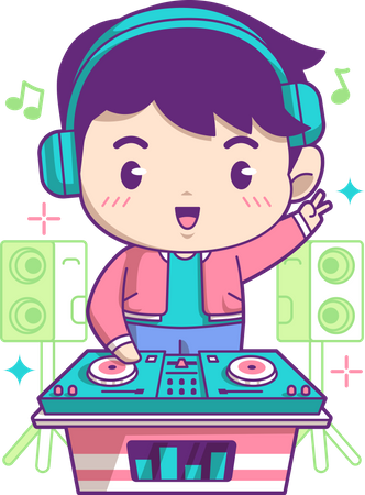 Boy play DJ at party  일러스트레이션