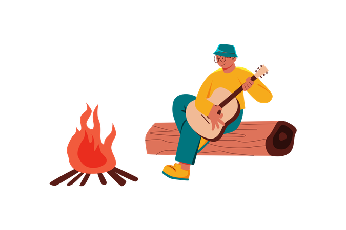 Boy play guitar while camping  Illustration