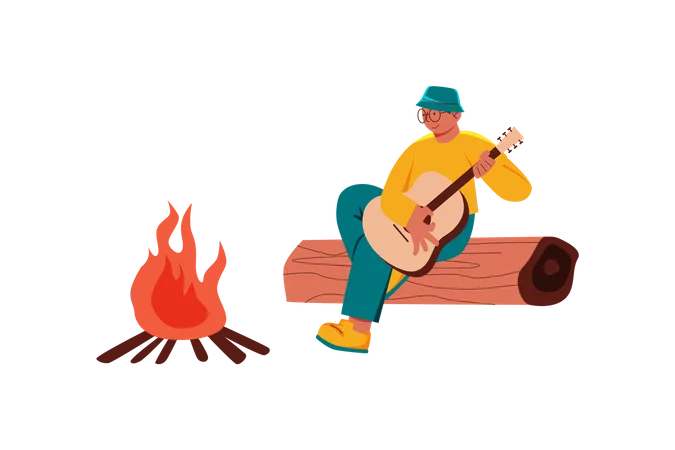 Boy play guitar while camping  Illustration