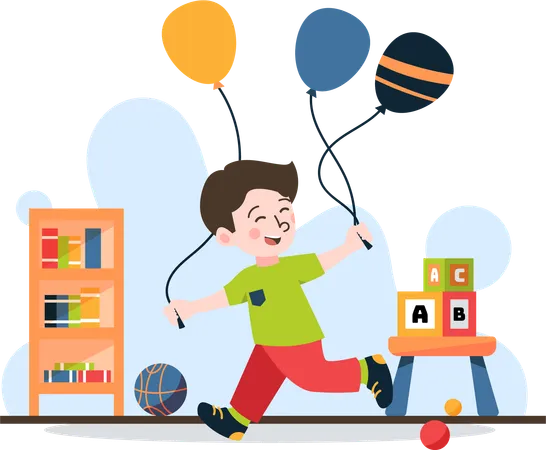 Explore The Joys Of Childhood With Our Charming Flat Illustration Of A Boy Playing With Balloons Designed For A Kindergarten Theme This Artwork Brings To Life Fun And Exciting Activities For Young Learners Ideal For Educational Materials Websites Or Promotional Materials These Flat Illustrations Add A Fun Touch To Your Content Illustration