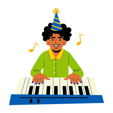 Boy playing birthday music on piano  Illustration