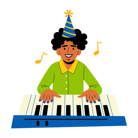 Boy playing birthday music on piano  Illustration