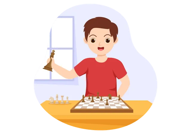Boy Playing Chess Board Game Illustration